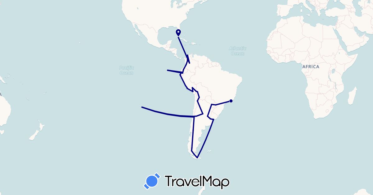 TravelMap itinerary: driving in Argentina, Bolivia, Brazil, Chile, Colombia, Cuba, Ecuador, Peru, Paraguay, Uruguay (North America, South America)